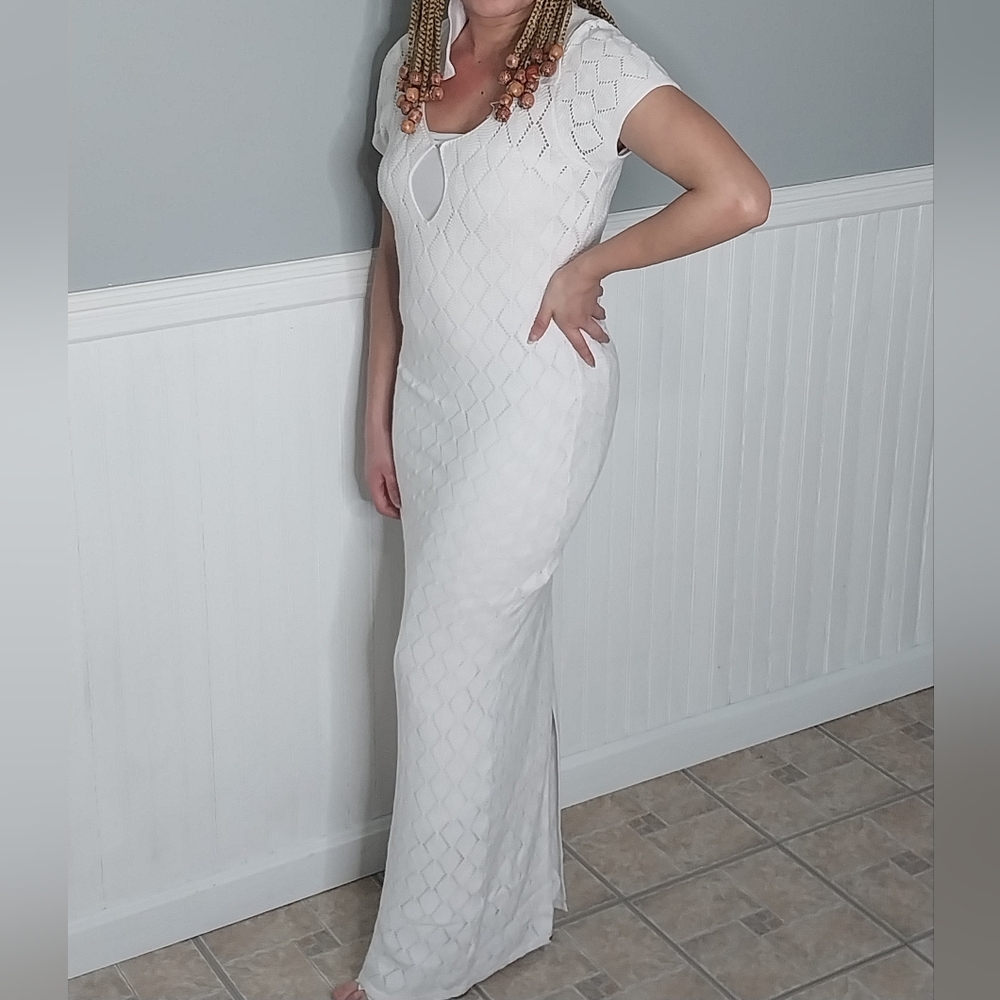 White Sequin Embellished Gown with Flutter Cap Sleeves